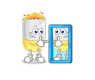 Ayna karikatürüne bakan sigara. karikatür maskotu vektosu