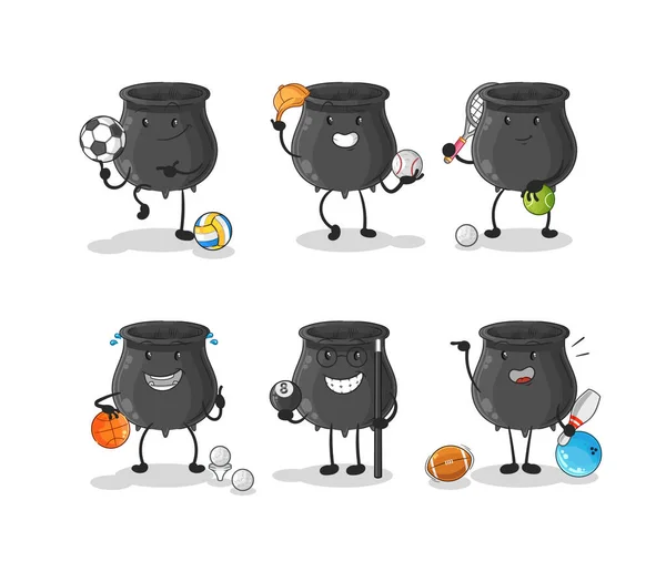 Caldero Deporte Conjunto Carácter Mascota Dibujos Animados Vecto — Vector de stock