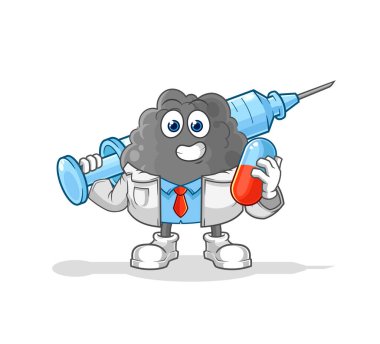 Siyah bulut doktoru elinde ilaç ve iğne tutuyor.