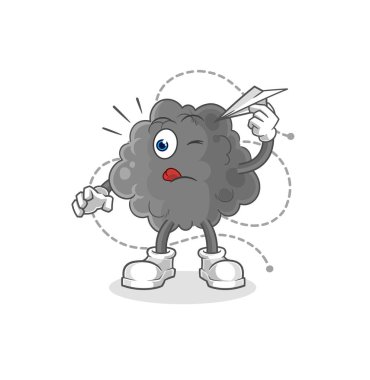 Kağıt uçak karakterli kara bulut. karikatür maskotu vektosu