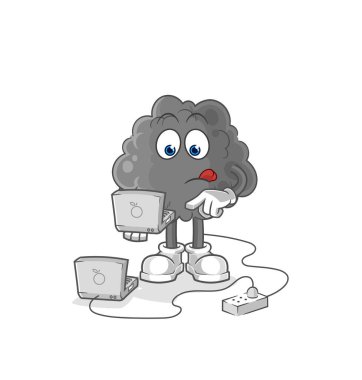 Laptop maskotu olan kara bulut. çizgi film vektosu