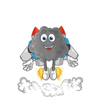 Sırt roketi maskotlu kara bulut. çizgi film vektosu