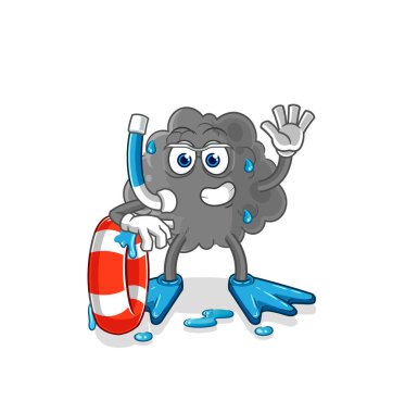 Şamandıra maskotlu kara bulut yüzücüsü. çizgi film vektosu