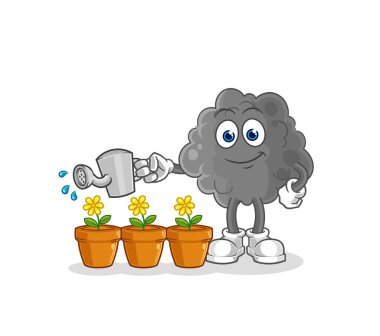 Siyah bulut çiçek maskotunu suluyor. çizgi film vektosu