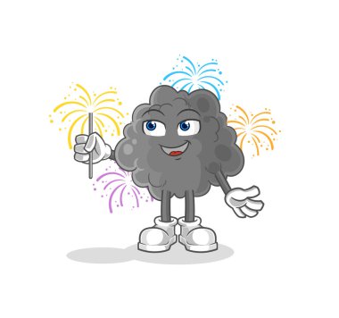 Kara bulut ve havai fişek maskotu. çizgi film vektosu