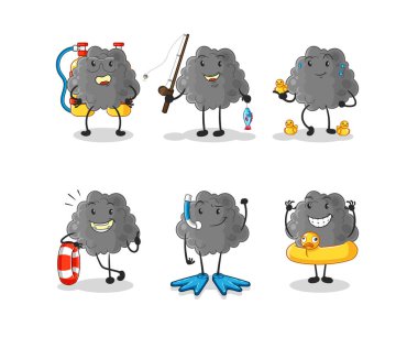 Siyah bulut su aktivite grubu. karikatür maskotu vektosu