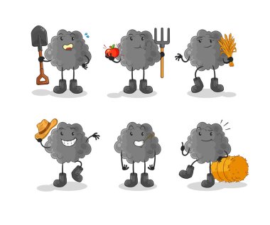 Siyah bulutlu çiftçi grubu karakteri. karikatür maskotu vektosu