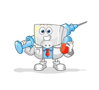 Elektrikli soket doktoru elinde ilaç ve iğne tutuyor.