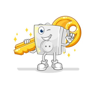 Elektrik prizi anahtar maskotu taşır. çizgi film vektosu