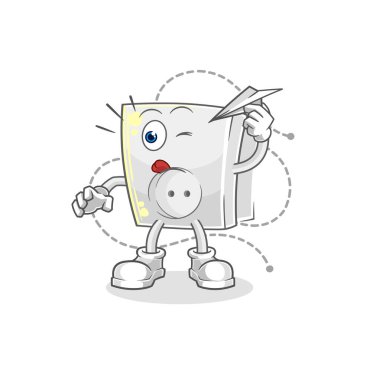 Kağıt uçak karakterli elektrik prizi. karikatür maskotu vektosu