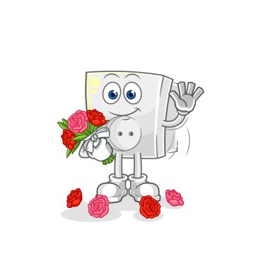 Buket maskotlu elektrik prizi. çizgi film vektosu