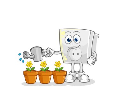 Elektrik prizi çiçek maskotunu suluyor. çizgi film vektosu