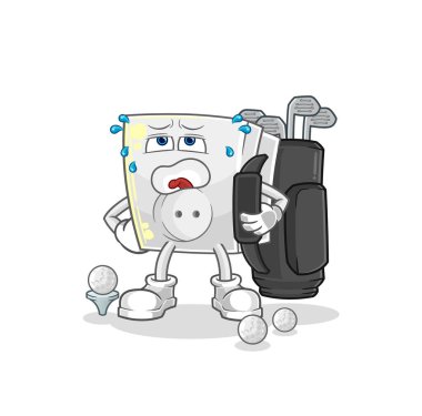 Golf ekipmanlı elektrik prizi. karikatür maskotu vektosu