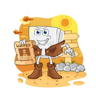 Elinde kağıt olan elektrikli soket kovboyu. karikatür maskotu vektosu