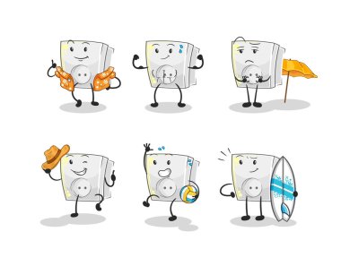 Elektrikli soket plaj tatili set karakteri. karikatür maskotu vektosu