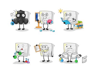 Elektrik soketi bilim adamı grup karakteri. karikatür maskotu vektosu