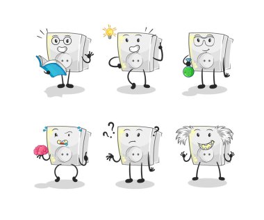 Elektrik prizi düşünen grup karakteri. karikatür maskotu vektosu