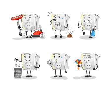 Elektrik prizi temizleme grubu karakteri. karikatür maskotu vektosu