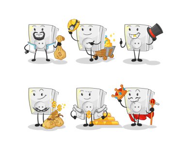 Elektrik prizi zengini grup karakteri. karikatür maskotu vektosu