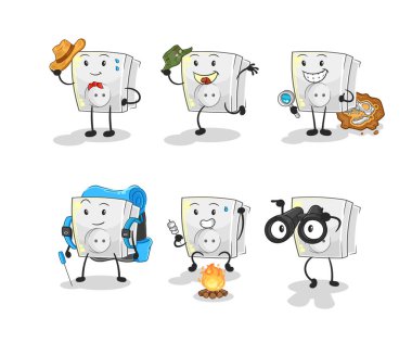 Elektrik prizi macera grubu karakteri. karikatür maskotu vektosu