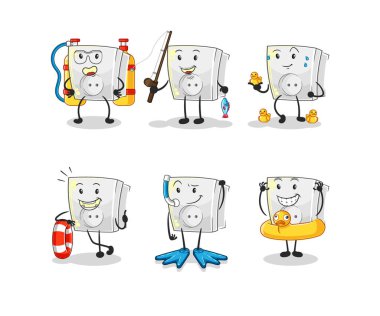 Elektrik soketi su aktivite grubu. karikatür maskotu vektosu