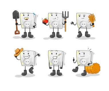 Elektrik prizi çiftçi grubu karakteri. karikatür maskotu vektosu