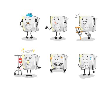 Elektrik prizi hastası grup karakteri. karikatür maskotu vektosu