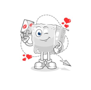 Şeker küpü içinde aşk mektubu illüstrasyonu var. karakter vektosu