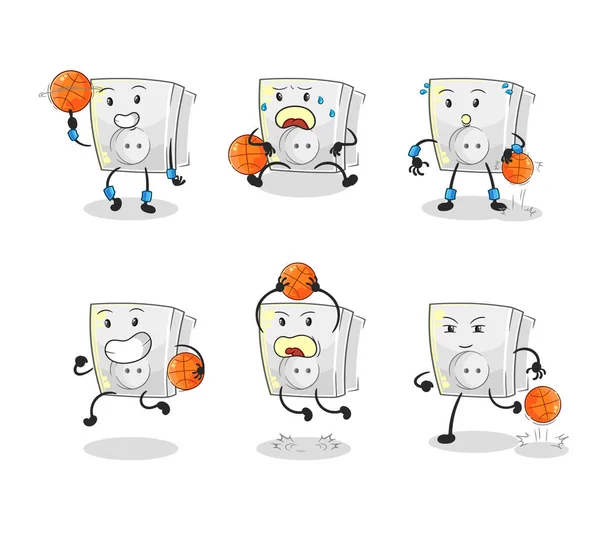 Elektrikli Soket Basketbol Oyuncusu Grup Karakteri Maskot Vektosu — Stok Vektör