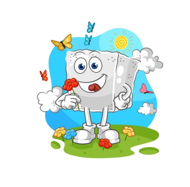 Şeker küpü baharda çiçek toplar. karakter vektosu