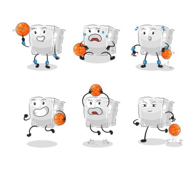 Şeker küpü basketbol oyuncusu grup karakteri. maskot vektosu