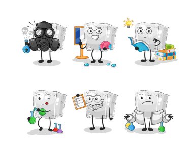 Şeker küpü bilim adamı grup karakteri. karikatür maskotu vektosu