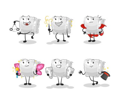 Şeker küpü sihirli grup karakteri. karikatür maskotu vektosu