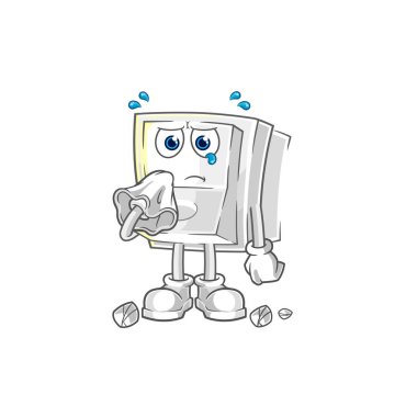 Işık düğmesi peçeteyle ağlıyor. karikatür maskotu vektosu