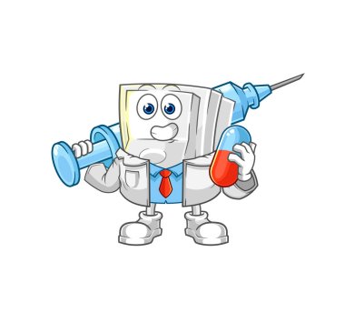 Doktorun elinde ilaç ve enjeksiyon var.