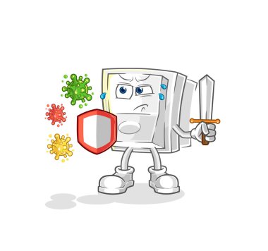 Virüs çizgi filmine karşı ışık düğmesi. karikatür maskotu vektosu