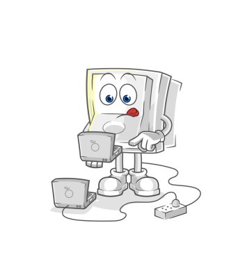Laptop maskotlu lamba düğmesi. çizgi film vektosu