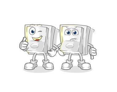 Işık düğmesi yukarı ve baş parmak aşağı. karikatür maskotu vektosu