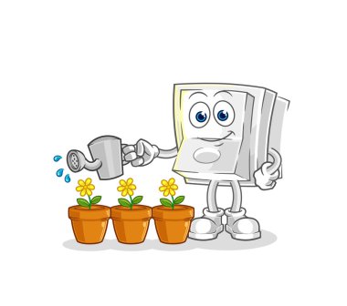 Işık düğmesi çiçek maskotunu suluyor. çizgi film vektosu