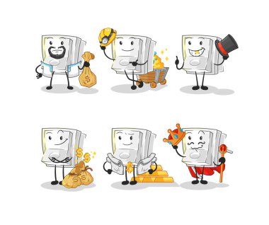 Işık düğmesi zengin grup karakteri. karikatür maskotu vektosu