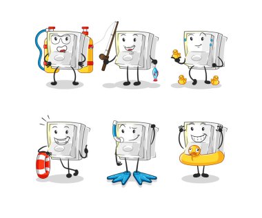 Işık düğmesi su aktivite grubu. karikatür maskotu vektosu