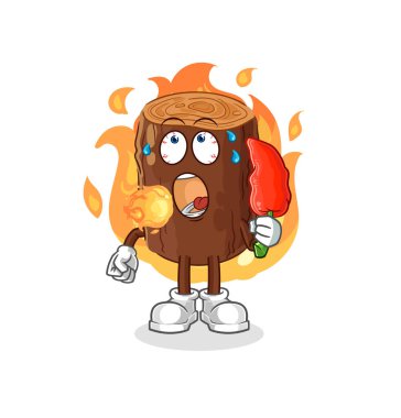 Kütük acı biber maskotu yiyor. çizgi film vektosu