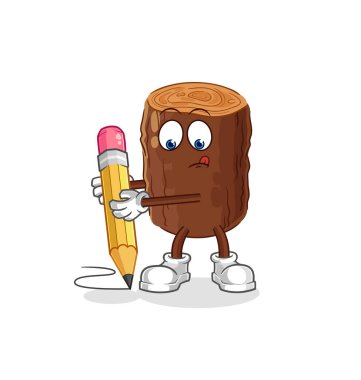 Kütük kalemle yazıyor. karikatür maskotu vektosu