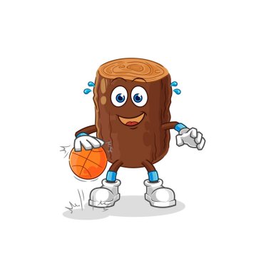 Kütük top süren basketbol karakteri. karikatür maskotu vektosu