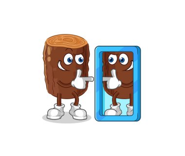 Ayna karikatürüne bakan kütük. karikatür maskotu vektosu