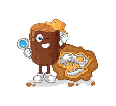 Fosil maskotu olan kütük arkeologları. çizgi film vektosu