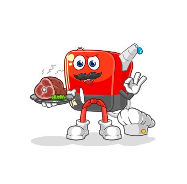 Benzin pompası şefi ve et maskotu. çizgi film vektosu