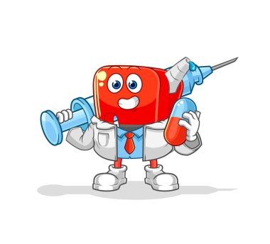 Benzin pompası doktoru elinde ilaç ve iğne tutuyor.