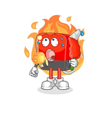 Benzin pompası sıcak kırmızı biber maskotu yiyor. çizgi film vektosu