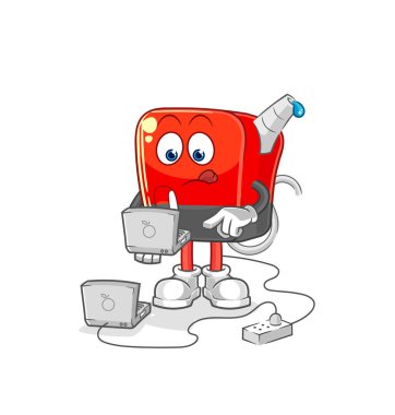 Laptop maskotlu benzin pompası. çizgi film vektosu